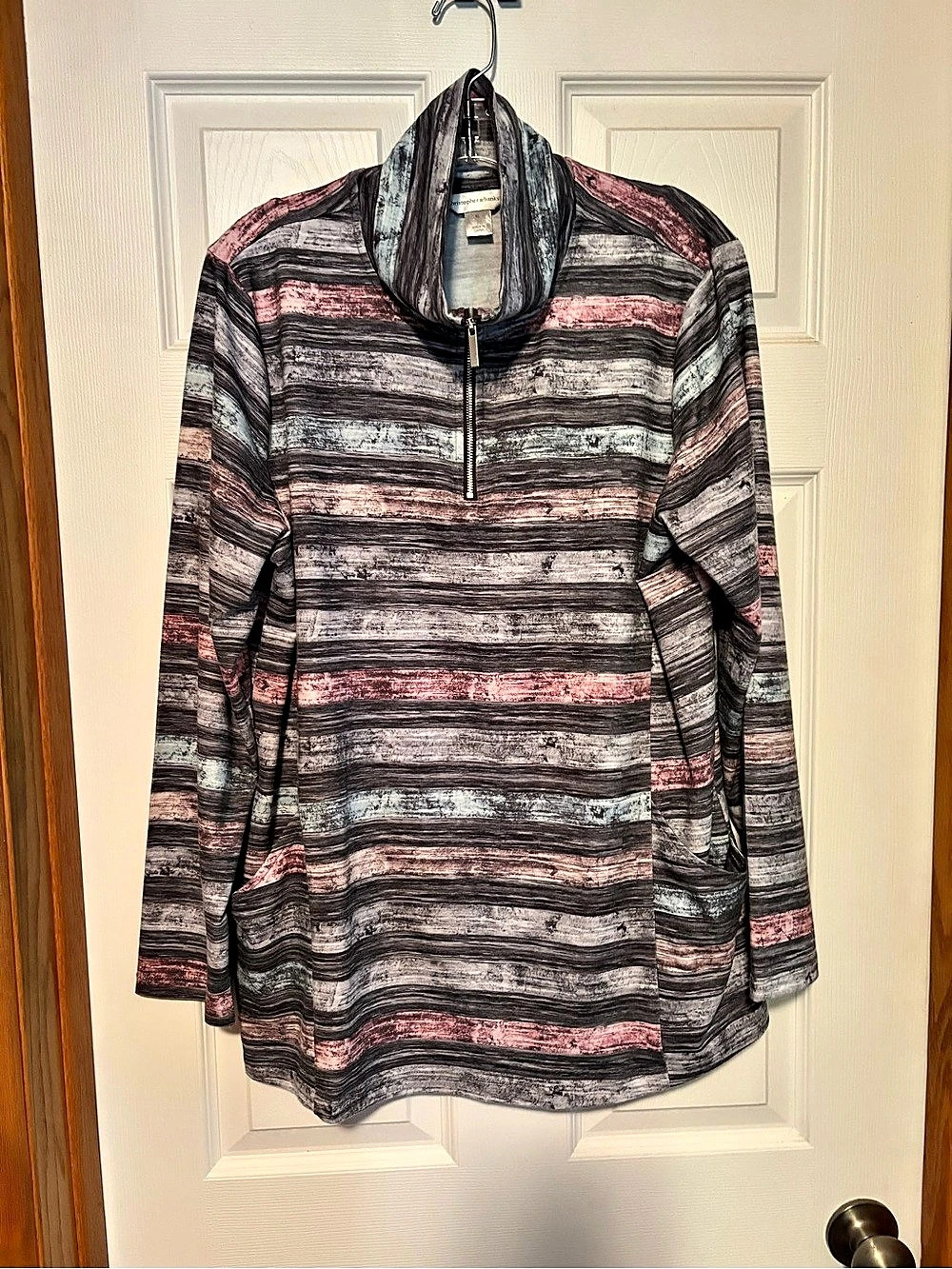 Christopher & Banks Abstract Stripe Half-Zip Tunic Gray Pink XL